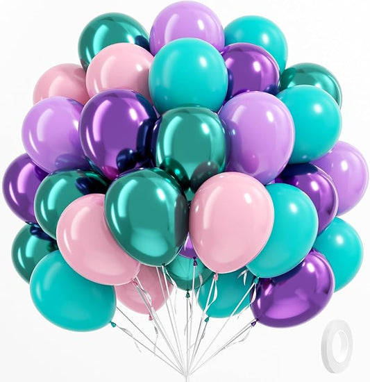 BAUANOOY Mermaid Balloons, 60pcs 12 Inch Pink Metallic Purple Green Blue Latex Balloons for Little Mermaid Birthday Decorations, Baby Shower, Under the Sea Party Decorations