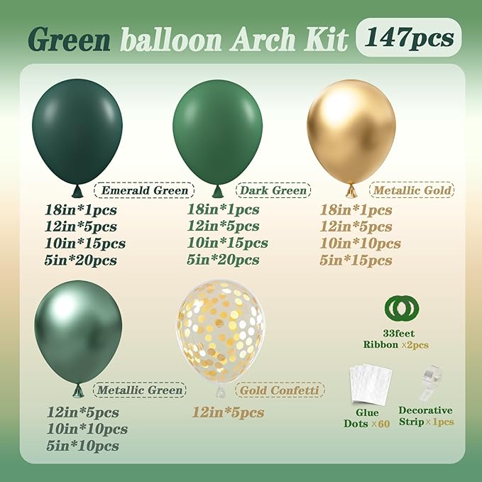147pcs Green Balloon Garland Arch Kit, Dark Emerald Green and Gold Balloons for Wild One Jungle Birthday Graduation Safari Baby Shower Decorations