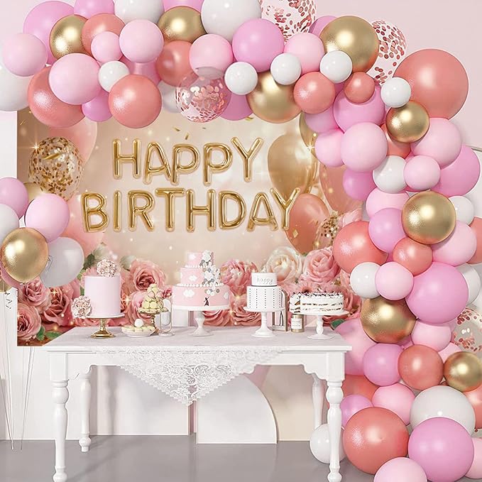 Mocsicka Rose Gold Birthday Backdrop Pink Balloon Floral Decorations for Women Girls Gold Anniversary Party Photography Background (Rose Gold, 120 x 96 Inch)