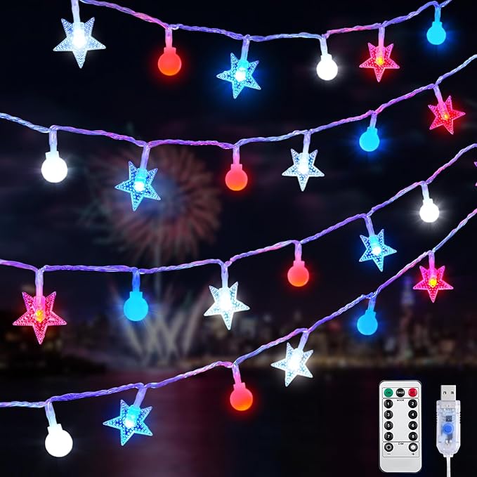 JMEXSUSS Red White and Blue Lights Plug in, 100 LED 33 FT Globe Star String Lights Indoor, USB 4th of July String Lights for Independence Day Patriotic Decoration