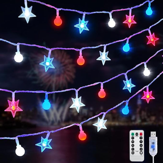 JMEXSUSS Red White and Blue Lights Plug in, 100 LED 33 FT Globe Star String Lights Indoor, USB 4th of July String Lights for Independence Day Patriotic Decoration