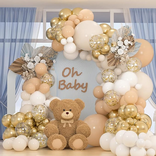 163pcs Neutral Balloon Garland Arch Kit in Sand White, Apricot, Nude & Metallic Gold Confetti Balloons for Boho Weddings, Baby Showers, Birthdays
