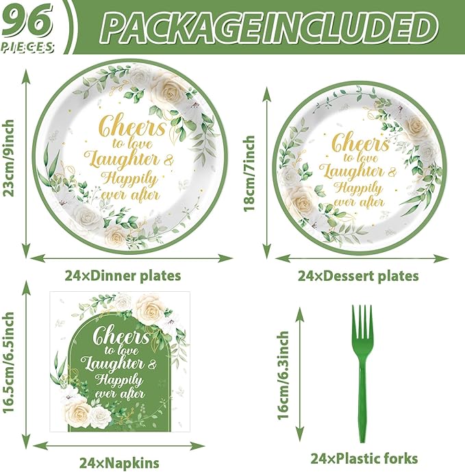 96Pcs Bridal Shower Party Supplies Eucalyptus Leaves Wedding Paper Plates Nankins Sage Green Party Decoration Engagement Cheers to Love Bridal Shower Holiday Dinnerware Party Favor Tableware Serves 24