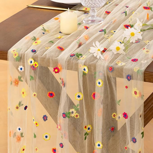 Socomi Flower Table Runner Summer Daisy Floral Tulle Gauze Cheesecloth Embroidery Table Runners for Tea Party Garden Wedding Bridal Baby Shower Birthday Picnic Decor Beige 3pcs