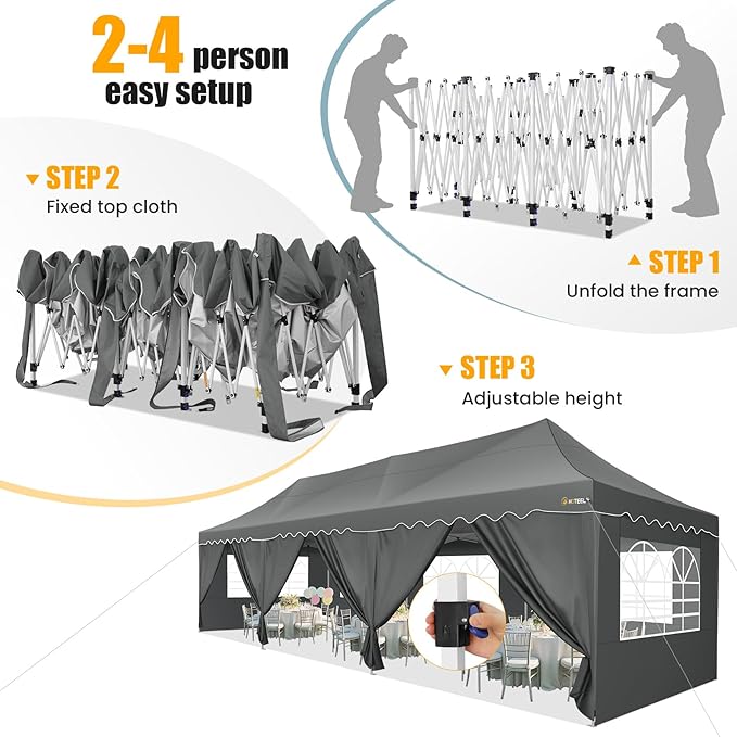 HOTEEL 10x30 Pop Up Canopy with 8 Sidewalls, UV 50+ and Waterproof 10×30 Party Tent, Thickened Frame, Large Space Easy Pop Up Canopy, Outdoor Canopy for Weddings, Beaches, Parties, Patio (Grey)