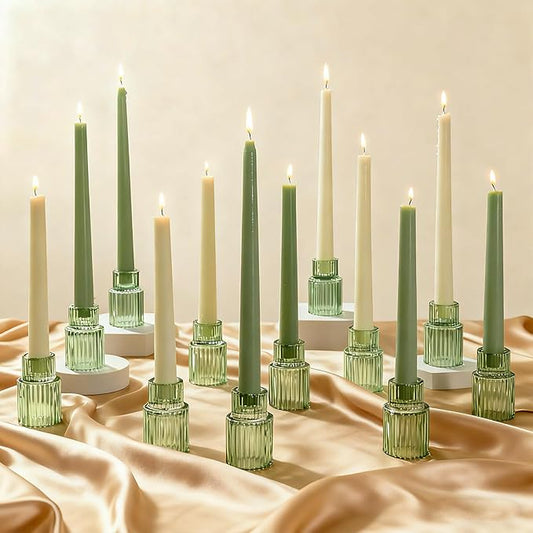 Green Glass Taper Candle Holders Set of 12, Small Tapered Candlestick Holders in Bulk, Modern Short Candle Sticks for Dining Table Centerpiece Wedding Christmas Party & Holiday Decorations