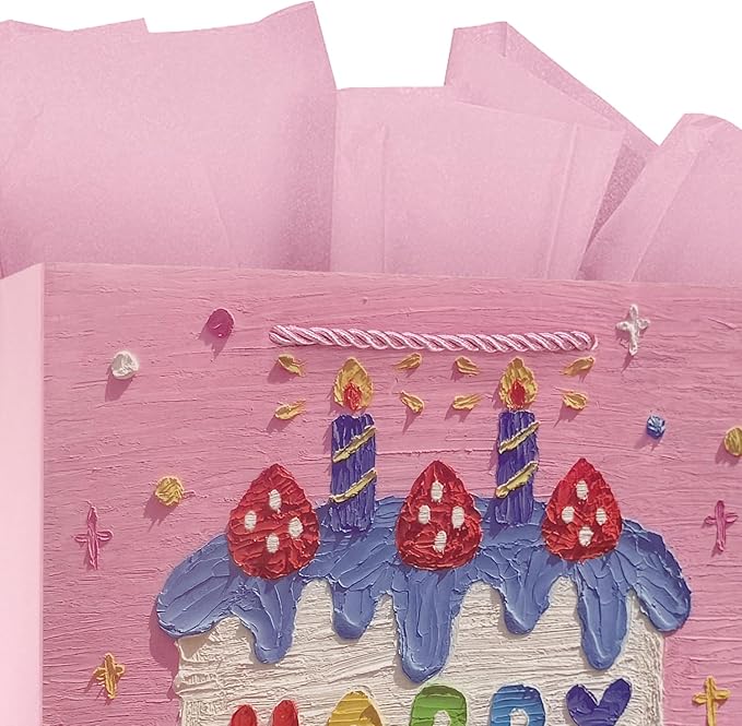 Ziletafei 9" Gift Bag with Tissue Paper, Happy Birthday Candle Cake Design for Girls Women, Pink Medium Size Party Favor Bags