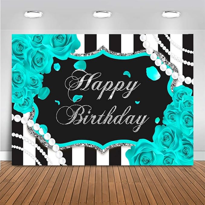 Mocsicka Silver Turquoise Floral Birthday Backdrop for Girl 7x5ft Black and White Stripes Teal Background Quinceanera 15th Birthday Party Decoration (7x5ft (82x60 inch))