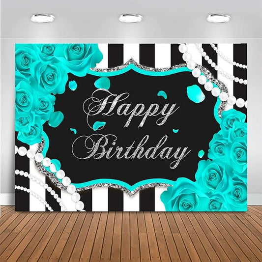 Mocsicka Silver Turquoise Floral Birthday Backdrop for Girl 7x5ft Black and White Stripes Teal Background Quinceanera 15th Birthday Party Decoration (7x5ft (82x60 inch))