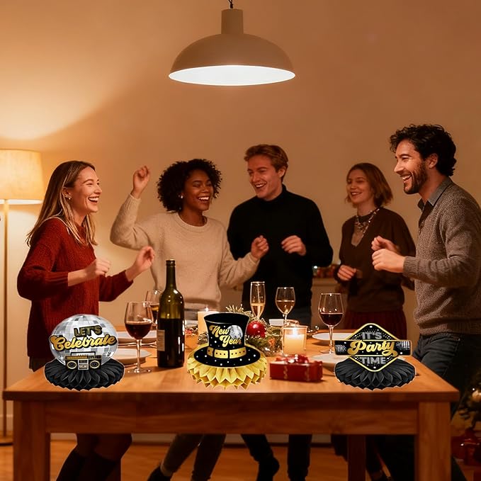 Happy New Years Decorations 2026 Honeycomb Table Centerpieces, 9 Pack Black Silver and Gold Themed Table Toppers for New Year Eve Party Decor Supplies Home Dinning Room Event Party Favors