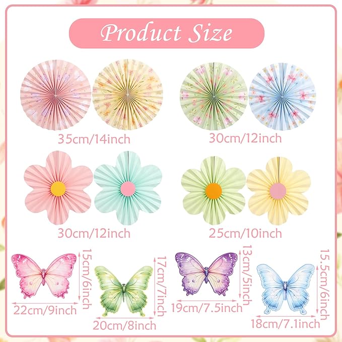Butterfly Flower Paper Fan,Pastel Party Decoration for Garden,Spring Paper Fans Floral Decorations for Wall Hanging Flower Decor Fairy Birthday Decorations Garland Backdrop for Tea Party Baby Shower.