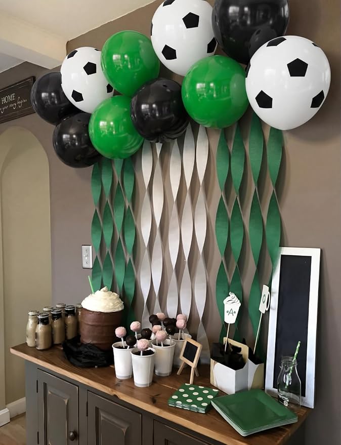 Soccer Balloons, 50 Pcs 12 Inch Green Black Soccer Print Latex Balloons for Boys Kids Soccer Birthday Party Decorations, Sports Theme Party Supplies