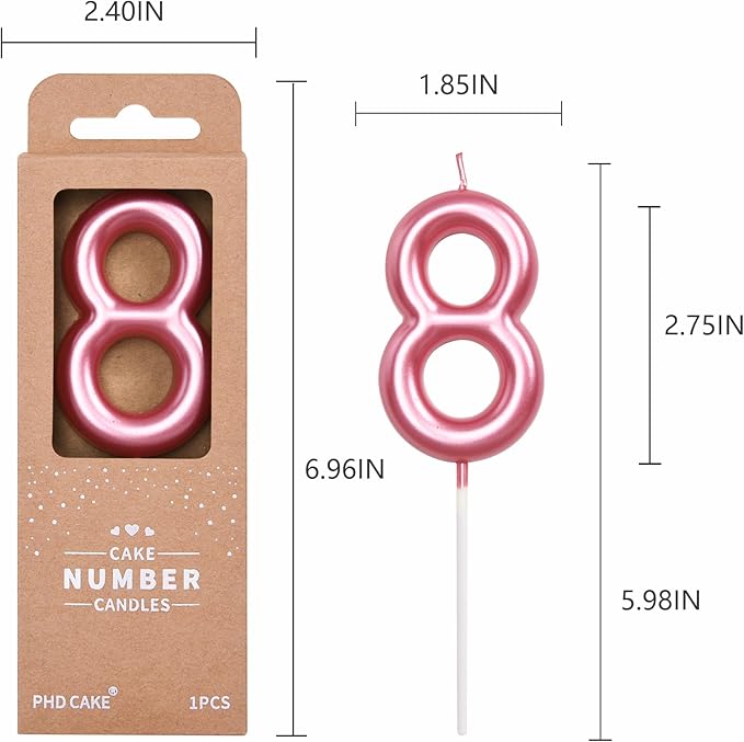 PHD Cake 2.76 inch Classical Pink 8 Number Birthday Candles for Party Celebration
