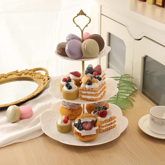 Barelove 3 Tier Plastic Cupcake Stand, Cake Display Tiered Serving Tray, 2 Pack Plastic Dessert Pastry Candy Platter Holder Tower for Wedding, Birthday, Tea Party, Baby Shower Decor (Round, White)