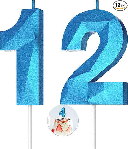 Number Birthday Candles(12 Candle Blue) 3D Diamond Shape Number Happy Birthday Cake Candles for Birthday Party Wedding Decoration Reunions Theme Party