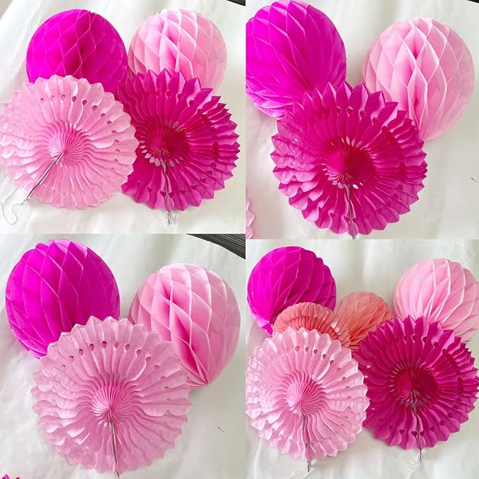 12pcs 6'' 8'' Honeycomb Balls Tissue Paper Fans Party Honeycomb Ball Fans Wall Decorations Tissue Pom Poms Flower Balls Hanging Paper Fans for Party Baby Shower Birthday Wedding Nursery (Pink kit)