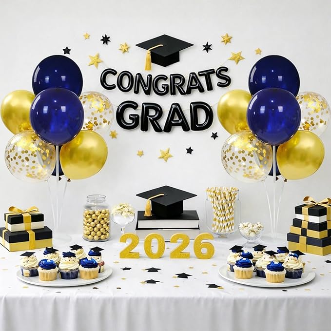 4 Sets Navy Blue Gold Balloon Centerpieces for Table, Balloon Stand Kit for Graduation Decorations 2026 Retirement Baby Shower Men's Women's Birthday Class of 2026 Party Decorations