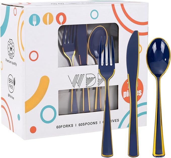 WDF 180PCS Blue Plastic Silverware -Blue and Gold Plastic Cutlery 60 Forks, 60 Knives, 60 Spoons - Heavy Duty Disposable Silverware for Party/Wedding/Birthday