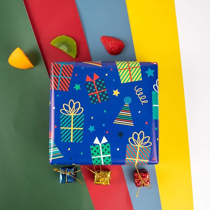 MAYPLUSS Blue Birthday Wrapping Paper Roll - 17 X 120 Inch - Colorful Happy Lettering, Cake, Gift Box Pattern for Kid Boys Party, Baby Shower, Holiday