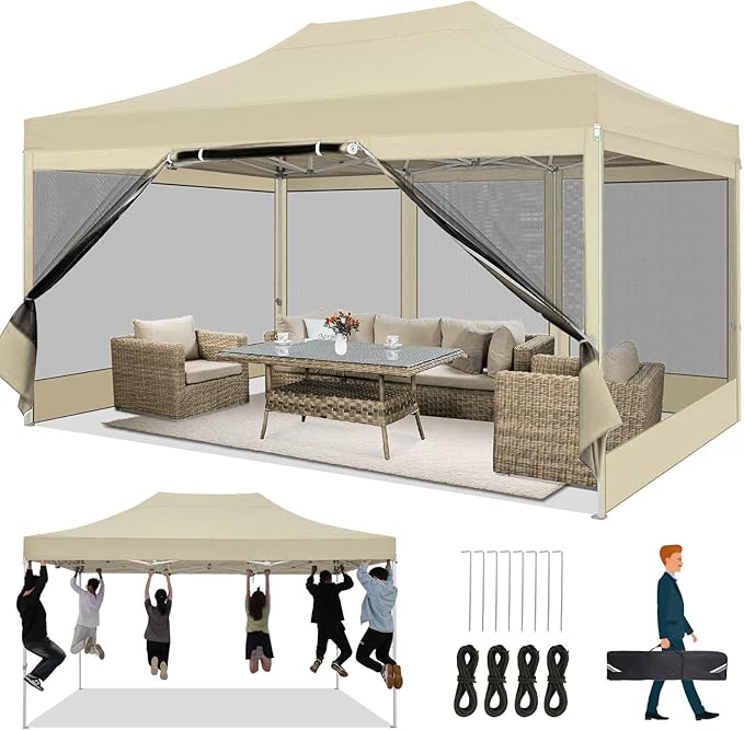 COBIZI 10x15 Heavy Duty Pop Up Canopy Tent with 4 Sidewalls, Commercial Gazebo Party Tent with Mosquito Netting Wall Easy Set Up Outdoor Instant Screen Gazebo for Backyard, Patio, Garden, Khaki