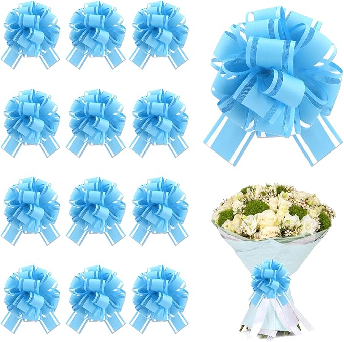 12 Pcs Blue Gift Bow Pull Bows for Gift Warpping Christmas Warp Ribbon Bow Party Birthday Wedding Solid Bows for Bikes Anniversary Boxes Flower Decorations Valentine's Day (Light Blue-E)