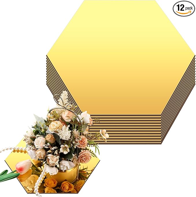 Thyle 12 Pcs Acrylic Hexagon Mirrors for Tables Centerpieces 8 Inch Hexagon Mirrors Candle Plates for Wall Wedding Table Centerpieces Hexagon Mirror Tray for Baby Shower Party, Thickness 1 mm