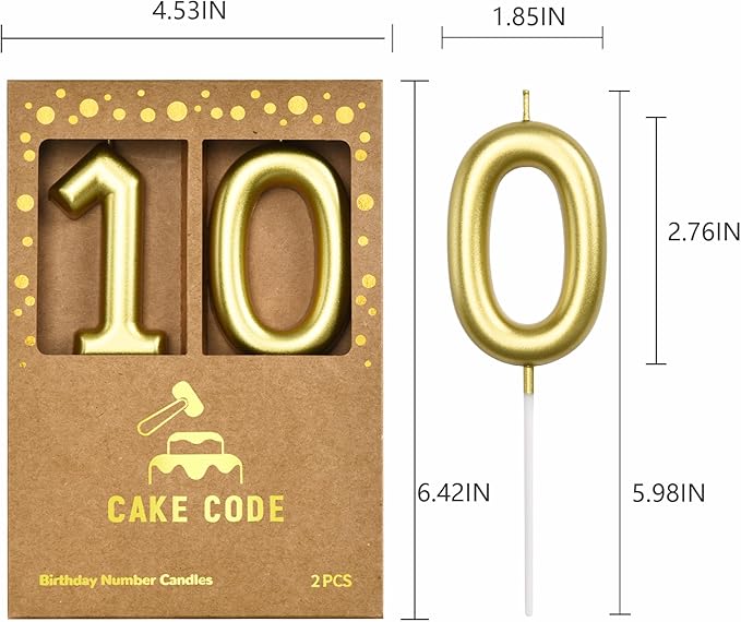 2.76 Inch Classical Gold 10 Number Birthday Candles, Gold and Cake Number Candles for Party Celebration