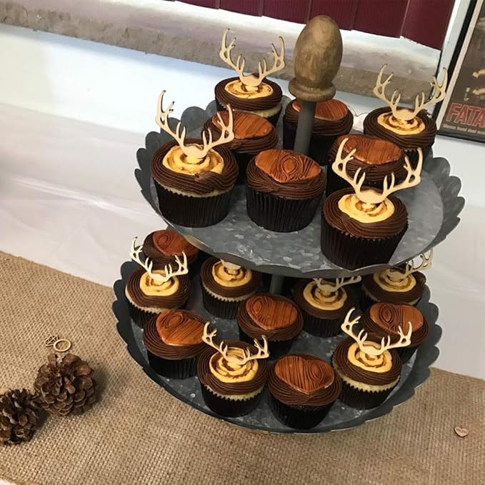 AUMIO Deer Cupcake Toppers Wooden Baby Shower Woodland Antler Cake Picks Party Decorations Wedding Hunting Boho Rustic Country Birthday Party Supplies Set of 24