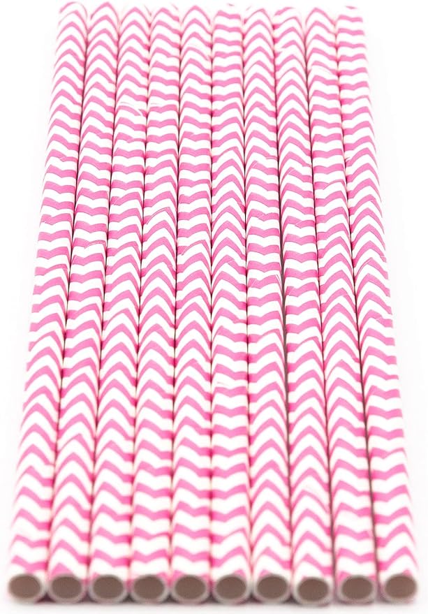 Pack of 900 Baby Pink Chevron Biodegradable 4-Ply Paper Drinking Straws (Compostable, Non-toxic, BPA-free)