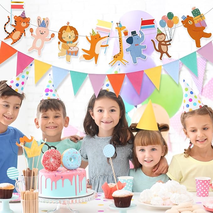 2 Pcs Animal Parade Party Banner Set Animals Flag Colorful Pennant Flags for Birthday Hanging Garland Decorations Baby Showers Zoo Jungle Themed Parties Supply