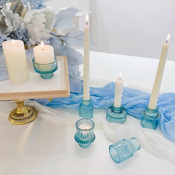 Double Sided Vintage Ribbed Taper Glass Candle Holders,Tea Candle Holder for Table Centerpieces, Wedding Decorations and Dinner Parties (Bule, 6 PCS)