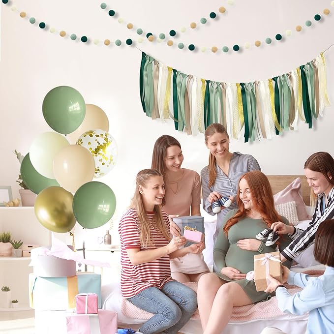 ANSOMO Sage Green Ribbon Felt Ball Garland Fabric Pom Pom Banner Tan Brown Ivory Gold Birthday Bridal Baby Shower Wall Hanging Party Decorations Wild Safari Jungle Botanical Greenery Decor Supplies