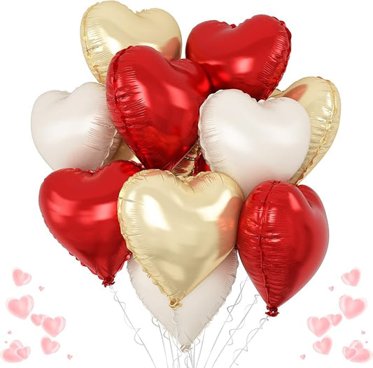 Red Gold Heart Balloons Foil, 12Pcs 18 Inch Metallic Red Gold Cream Beige Heart Shape Foil Balloon for Girls Women Birthdays Wedding Baby Shower Valentines Mother's Day Xmas Christmas Party Decor
