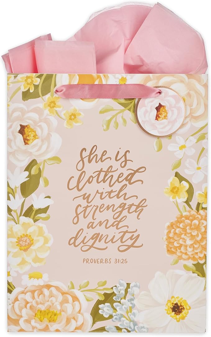 Christian Art Gifts Large Portrait Inspirational Scripture Gift Bag, Tag & Wrapping Tissue Paper Set for Women: Strength & Dignity Encouraging Bible Verse, Satin Ribbon Handles, Pink Multicolor Floral
