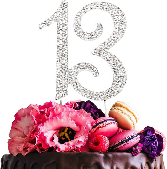 Bling Crystal Rhinestone 13 Birthday Cake Topper - Best Keepsake | 13th Party Decorations Silver