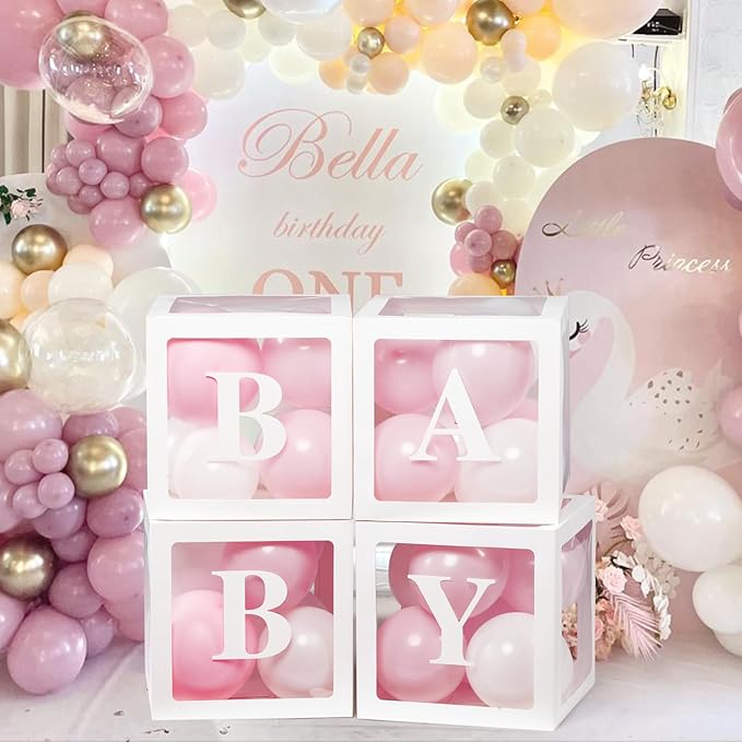 Voircoloria Baby Shower Decorations, 4pcs Transparent Balloon Boxes with Letters, 36Pcs Pink & White Balloons, Reusable, Unisex, for Gender Reveal Party