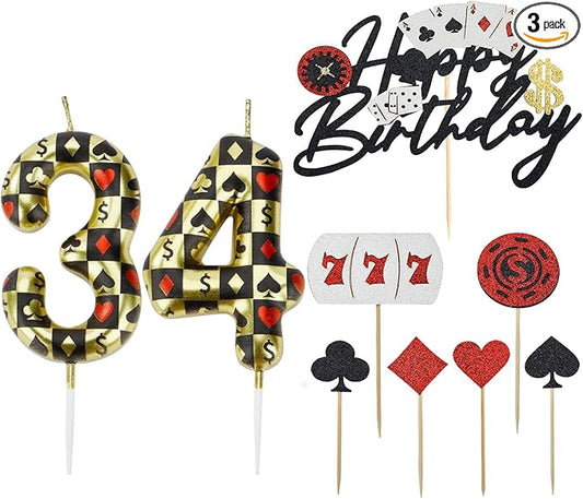 Casino Birthday Number Candles for Cake, Poker Birthday Candles for Casino Themed Birthday Party Decoration, Glitter Casino Birthday Cake Topper for Casino Night Theme Birthday Cake(Number 34 & 43)