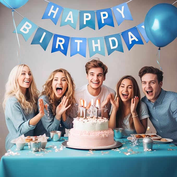 Happy Birthday Banner Birthday Party Banner NO DIY Happy Birthday Sign Pre-Strung Birthday Hanging Decoration for Women Men Girl Boy Party Supplies (Blue)