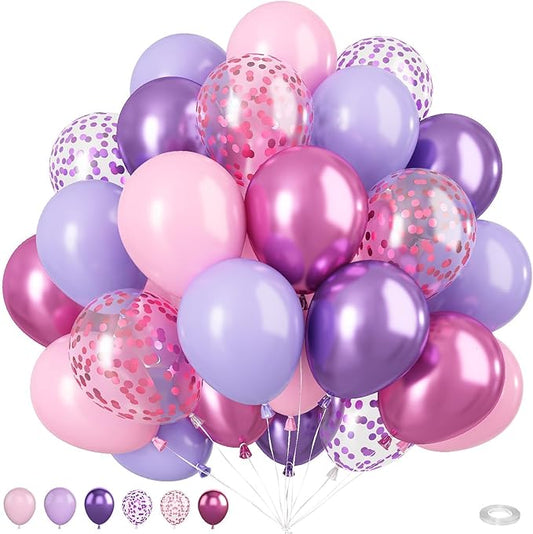 Pink and Purple Balloons, 50PCS 12 Inch Confetti Balloons, Metallic Purple Pink Latex Balloons with Ribbon, Party Balloons for Birthday Shower Wedding Party Decorations