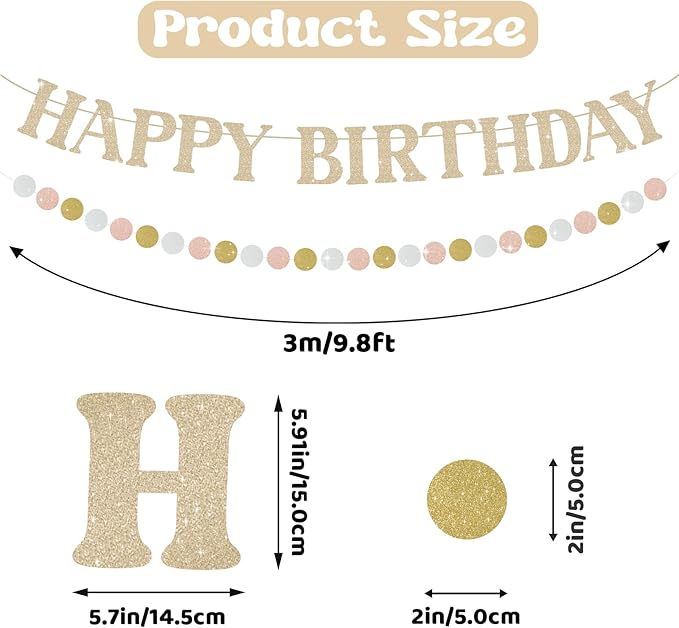 Happy Birthday Banner, Pre-Strung Champagne Gold Birthday Party Decorations, Glitter Birthday Signs for Party with Circle for Door Wall Mantle Hanging Sign Backdrop Supplies