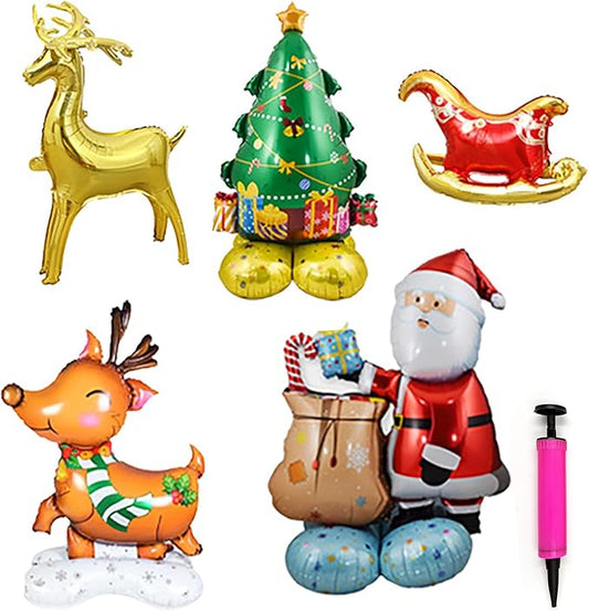 5Pack Merry Christmas Party Decorations Balloons - Christmas Party Supplies with Santa Claus, Snowman, Elk, Christmas Tree Balloon for Festive Holiday Celebrations With Pump