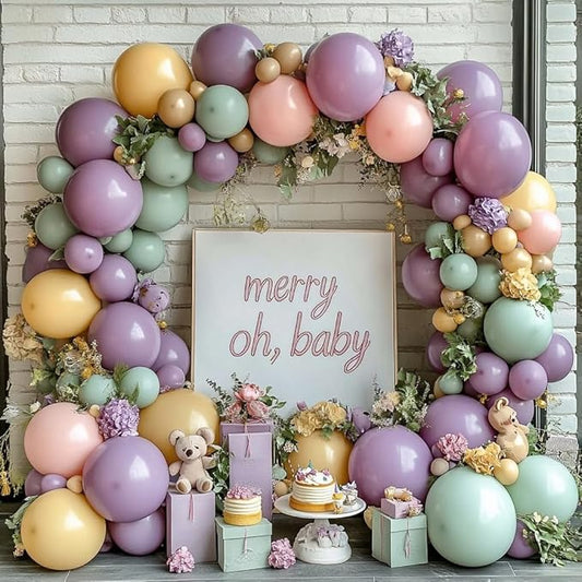 Dusty Green Pink Purple Yellow Balloon arch kit,Double Stuffed Haze Purple Mauve Pink Ivory Sage Green Lilac Light Yellow Balloons Garland for Brithday Wedding Wild Flower Princess Party Decorations