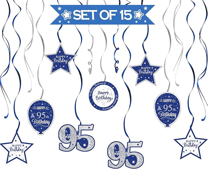 Happy 95th Birthday Blue & Silver Glitter Swirls Streamers Party Decorations - 15 Pcs 95th Birthday Hanging Swirls Streamers Kit,Perfect for 95th Bday Party Sign.