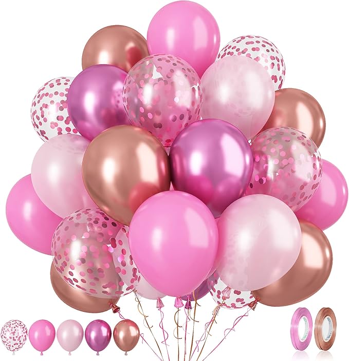 Paready Pink Confetti Balloons, 60 Pcs 12 Inch Metallic Red Rose Gold and Pink Latex Confetti Balloons for Birthday Baby Shower Engagement Anniversary Wedding Bridal Shower Party Graduation Decoration