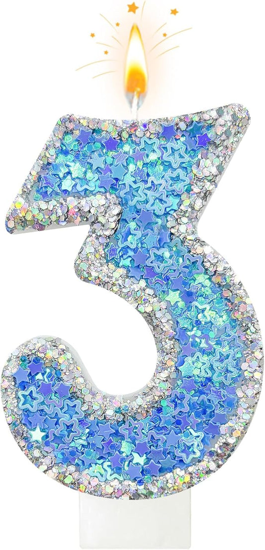 Blue Star Number 3 Candle for Cake Decoration, Glitter Star Cake Topper, Shaker Style Number Candle for Anniversary Celebration Party Supplies