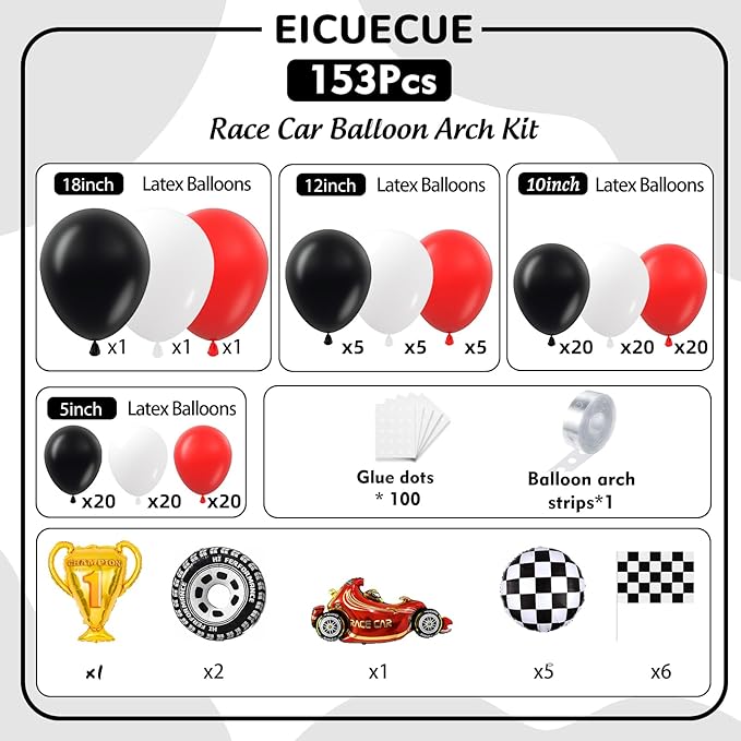 Race Car Balloons Arch Kit -Trophy, Flags, Cars, Tire, Checkered, Wheels and Red Black White Balloon Garland Kit for Racing Car Theme Two Fast 2nd One Theme 1st Boy Birthday Party Decorations