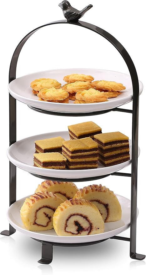 SparkWorks 3 Tiered Cake Stand, Tea Party Serving Platter, Dessert and Cupcake Stand, Metal Tiered Serving Stand Includes Three Premium White Stoneware Plates
