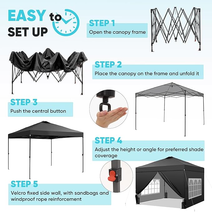 GDY 10x10 Pop Up Canopy Tent with 4 Sidewalls, Easy Set up with One Push Lift Outdoor Silver Coated Beach Gazebos, Carpas with 4 Sandbags, for Events, Parties,Camping, Black.