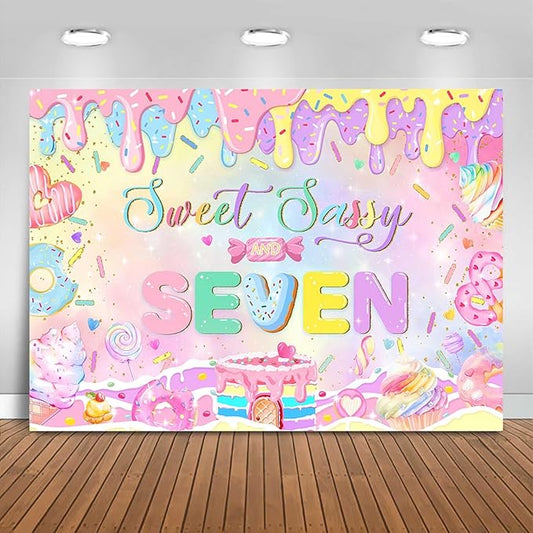 Mocsicka Donut 7th Birthday Banner Backdrop Sweet Sassy and Seven Birthday Party Decorations Banner for Girls Seven Birthday Party Banner for Phogography (Pink, 7x5ft(82"x60"))