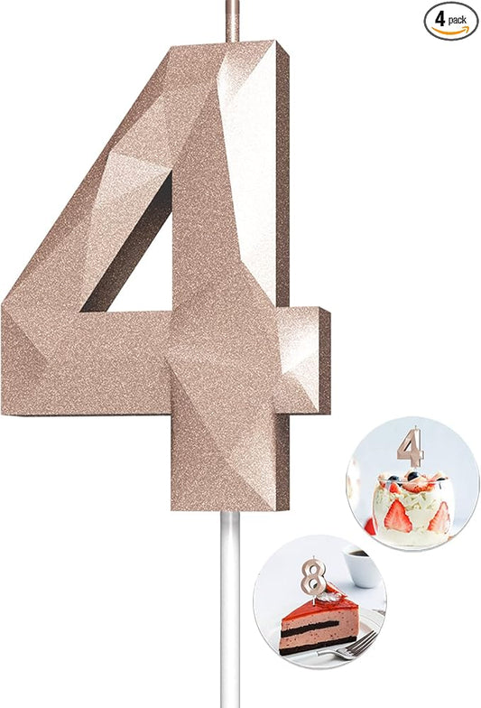 Number Birthday Candles(4 Candle Rose Gold) 3D Diamond Shape Number Happy Birthday Cake Candles for Birthday Party Wedding Decoration Reunions Theme Party